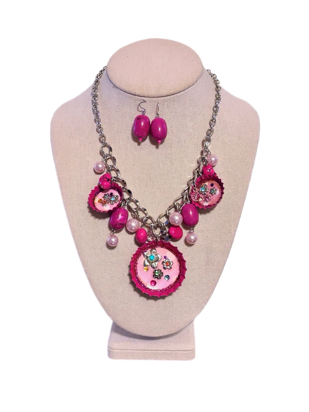 Fuchsia Floral Bottlecap Statement Necklace with Matching Earrings